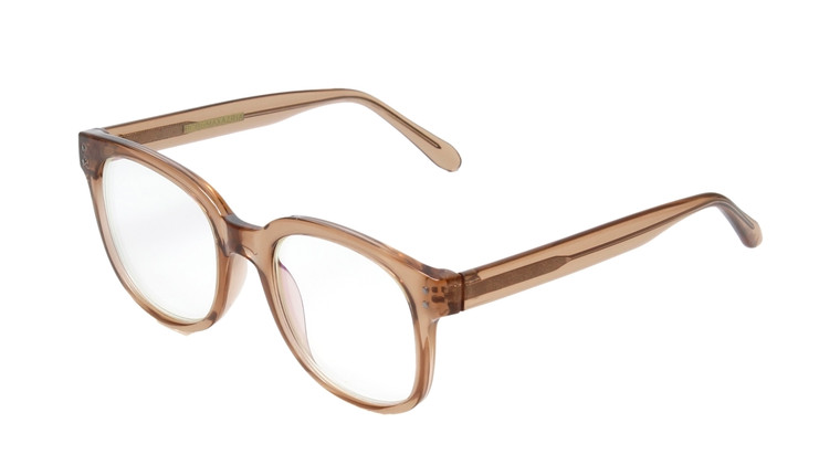 Profile View of BCBG BAR104BL Designer Reading Eye Glasses with Custom Cut Powered Lenses in Nude Brown Crystal  Unisex Panthos Full Rim Acetate 52 mm