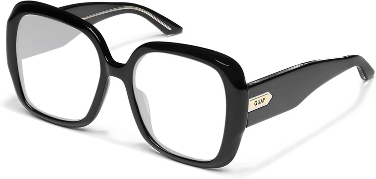Profile View of QUAY Australia Full Glam Designer Progressive Lens Prescription Rx Eyeglasses in Gloss Black Ladies Square Full Rim Acetate 56 mm