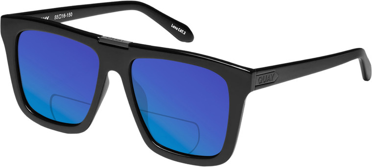 Profile View of QUAY Australia Name Drop Designer Polarized Reading Sunglasses with Custom Cut Powered Blue Mirror Lenses in Gloss Black Unisex Square Full Rim Acetate 55 mm