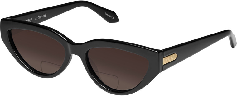 Profile View of QUAY Australia Narrow Down Designer Polarized Reading Sunglasses with Custom Cut Powered Amber Brown Lenses in Gloss Black Ladies Cat Eye Full Rim Acetate 57 mm