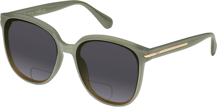 Profile View of QUAY Australia Rent Free Designer Polarized Reading Sunglasses with Custom Cut Powered Smoke Grey Lenses in Jade Green Ladies Panthos Full Rim Acetate 59 mm