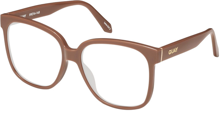 Profile View of QUAY Australia Wide Awake Designer Reading Eye Glasses in Gloss Tan Brown Ladies Panthos Full Rim Acetate 59 mm