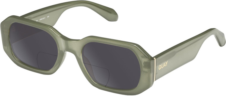 Profile View of QUAY Australia Hyped Up Designer Polarized Reading Sunglasses with Custom Cut Powered Smoke Grey Lenses in Crystal Jade Green Unisex Hexagonal Full Rim Acetate 53 mm