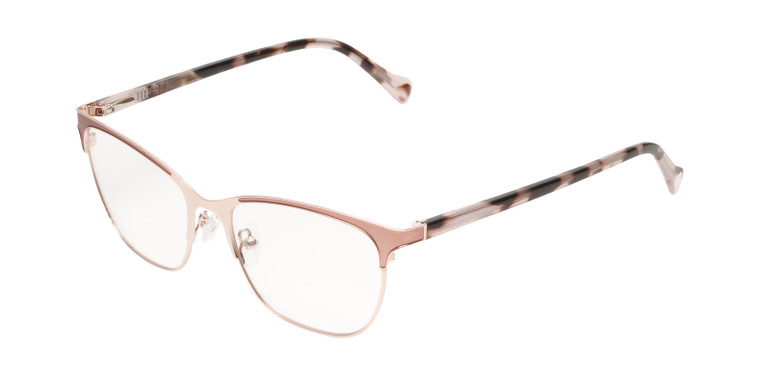 Profile View of Lucky Brand D114 Designer Progressive Lens Blue Light Blocking Eyeglasses in Rose Gold Marble Ladies Cat Eye Full Rim Metal 53 mm