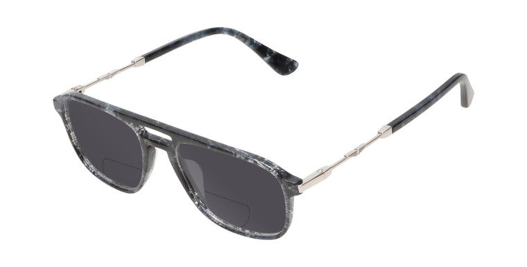 Profile View of Police VPLD13 Designer Polarized Reading Sunglasses with Custom Cut Powered Smoke Grey Lenses in Shiny Blue Marble Mens Pilot Full Rim Acetate 53 mm