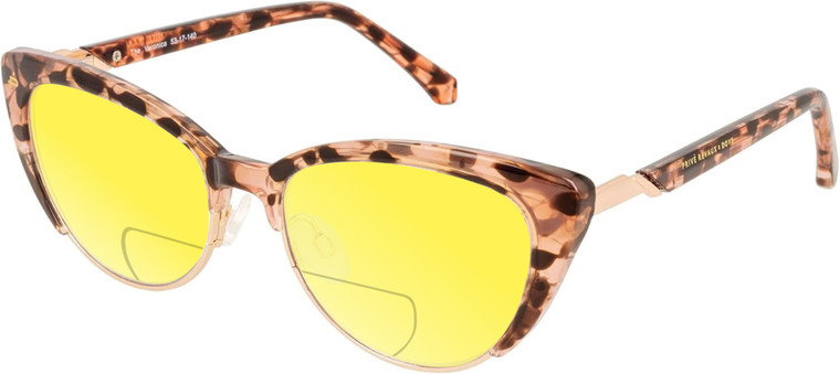 Profile View of Prive Revaux Veronica Designer Polarized Reading Sunglasses with Custom Cut Powered Sun Flower Yellow Lenses in Blush Pink Tortoise Havana Ladies Cat Eye Full Rim Acetate 53 mm