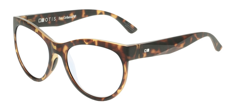 Profile View of OTIS Aerial Designer Reading Eye Glasses with Custom Cut Powered Lenses in Matte Honey Tortoise Havana Ladies Cat Eye Full Rim Acetate 56 mm