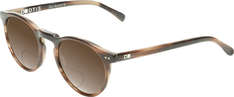 Profile View of OTIS Omar Designer Polarized Reading Sunglasses with Custom Cut Powered Amber Brown Lenses in Eco Hornwood Unisex Round Full Rim Acetate 50 mm