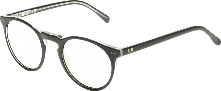 Profile View of OTIS Omar Designer Bi-Focal Prescription Rx Eyeglasses in Satin Black Clear Unisex Round Full Rim Acetate 50 mm