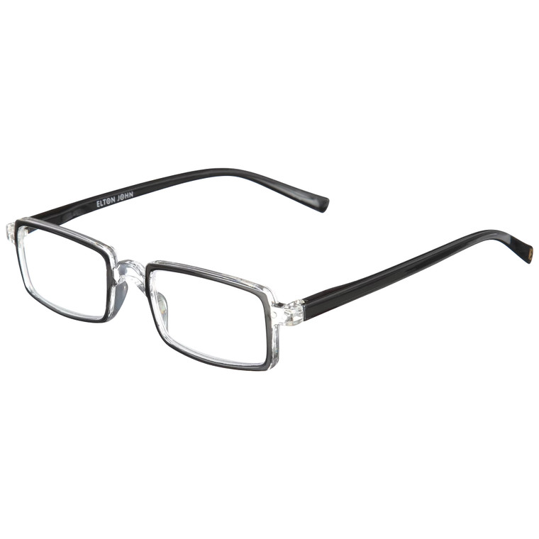Profile View of Elton John Bullet Designer Reading Eye Glasses with Custom Cut Powered Lenses in Black Crystal Unisex Rectangular Full Rim Acetate 47 mm