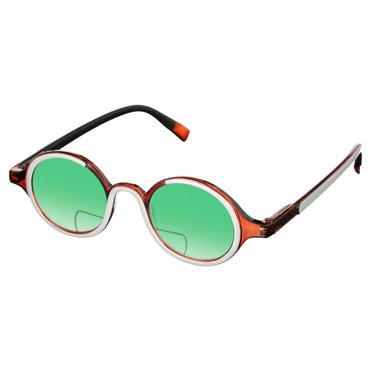 Profile View of Elton John Mash Up Designer Polarized Reading Sunglasses with Custom Cut Powered Green Mirror Lenses in Red Crystal Unisex Round Full Rim Acetate 44 mm