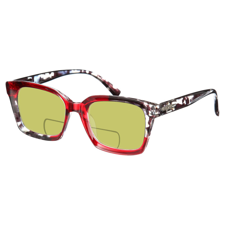 Profile View of Elton John Remix 2 Designer Polarized Reading Sunglasses with Custom Cut Powered Sun Flower Yellow Lenses in Ruby Red Marble Black White Unisex Round Full Rim Acetate 49 mm