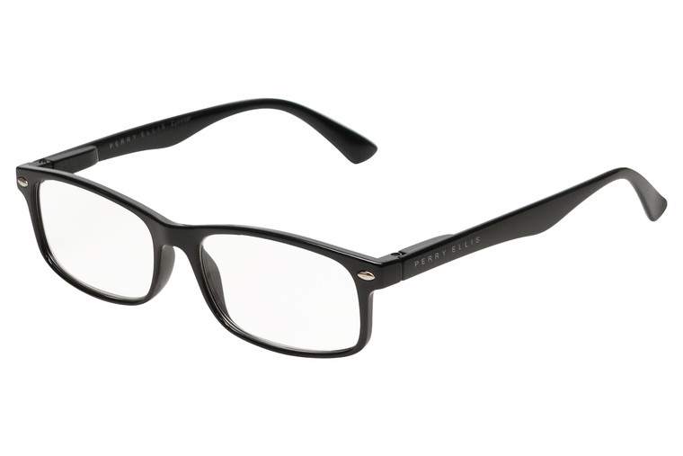 Profile View of Perry Ellis PEBX54 Designer Blue Light Blocking Eyeglasses in Gloss Black Marble Unisex Rectangular Full Rim Acetate 53 mm
