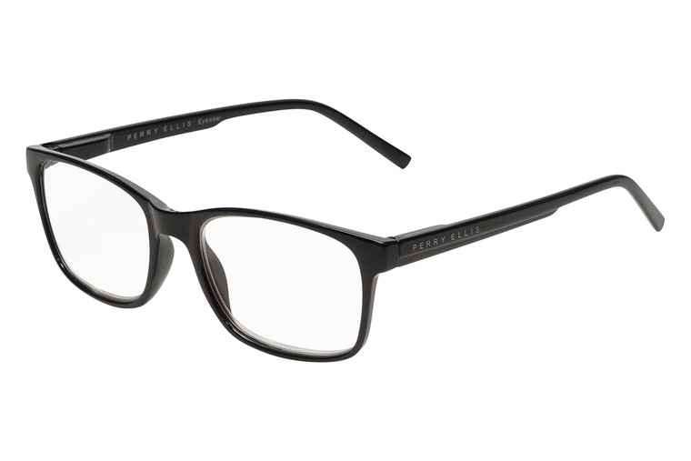 Profile View of Perry Ellis PEBX55 Designer Progressive Lens Prescription Rx Eyeglasses in Gloss Black Marble Unisex Square Full Rim Acetate 52 mm