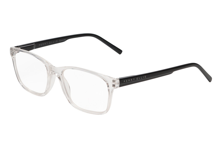 Profile View of Perry Ellis PEBX55 Designer Reading Eye Glasses with Custom Cut Powered Lenses in Gloss Crystal Clear Marble Unisex Square Full Rim Acetate 52 mm