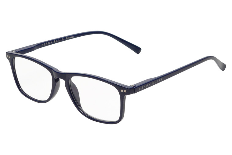 Profile View of Perry Ellis PEBX57 Designer Progressive Lens Blue Light Blocking Eyeglasses in Gloss Navy Blue Marble Unisex Panthos Full Rim Acetate 50 mm
