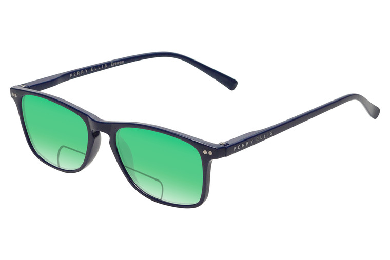 Profile View of Perry Ellis PEBX57 Designer Polarized Reading Sunglasses with Custom Cut Powered Green Mirror Lenses in Gloss Navy Blue Marble Unisex Panthos Full Rim Acetate 50 mm