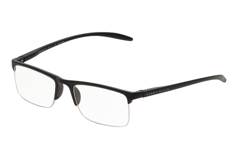 Profile View of Perry Ellis PEBX58 Unisex Rectangular Semi-Rimless Designer Reading Glasses in Gloss Black Marble 50mm