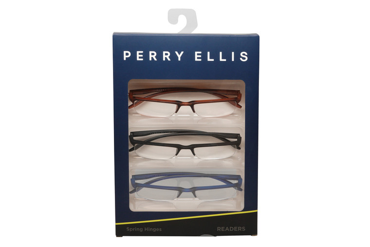Profile View of Perry Ellis PEBX58 Unisex Rectangular Semi-Rimless Designer Reading Glasses in Gloss Navy Blue Marble, Gloss Tortoise Havana Marble, Gloss Black Marble 50mm