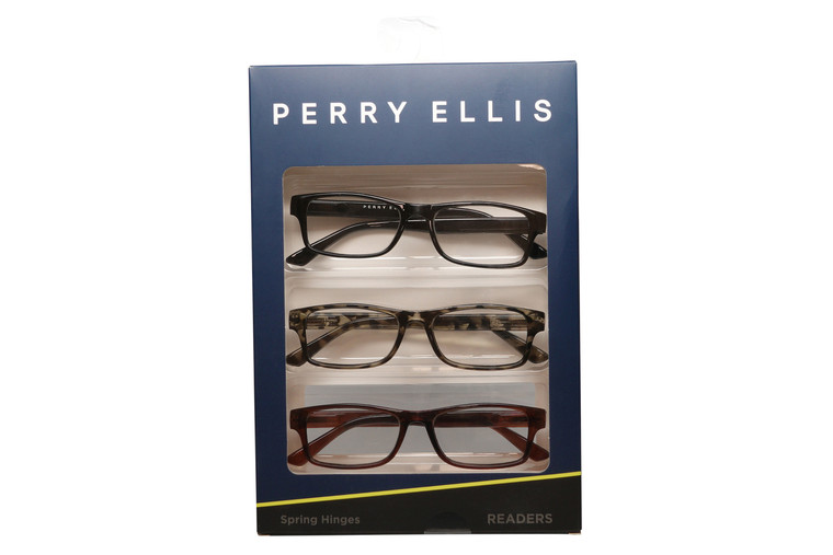 Profile View of Perry Ellis PEBX59 Unisex Rectangular Full Rim Designer Reading Glasses in Gloss Tortoise Havana Marble, Gloss Black Marble, Gloss Crystal Clear Marble 50mm