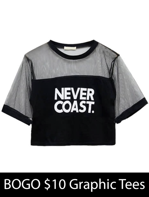 NEVER COAST Cropped Mesh Graphic Tee