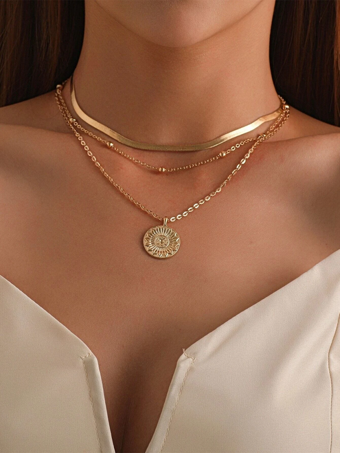 Gold Triple Layer Pendant Necklace
