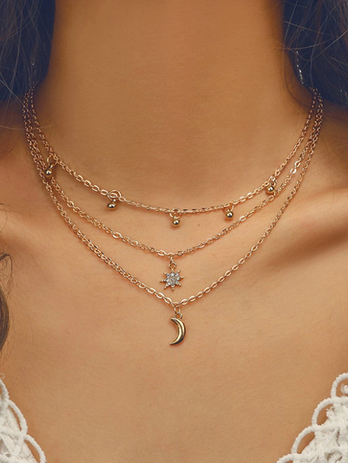Gold Triple Layer Moon & Star Necklace