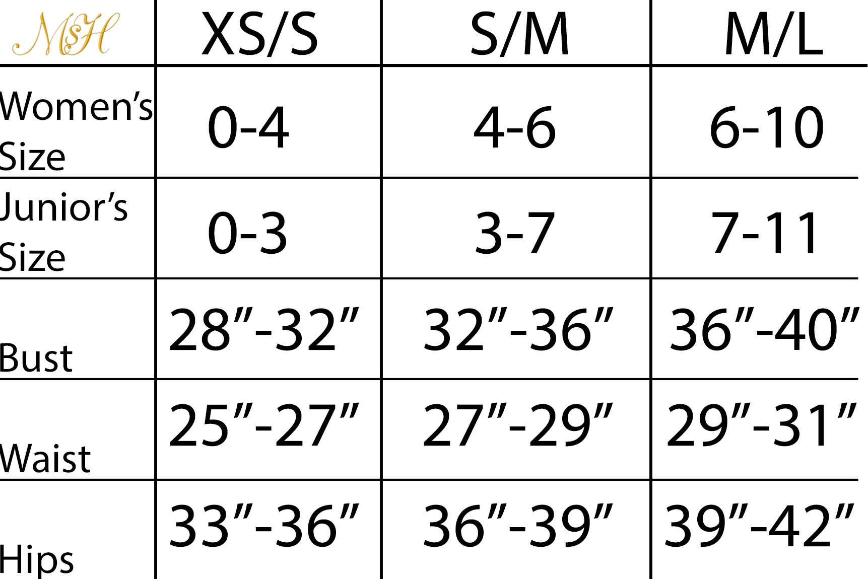 Great Shapes Size Chart