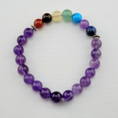 Seven chakra gemstone and Amethyst bead bracelet featuring Red Jasper, Tiger’s Eye, Citrine, Green Aventurine, Turquoise, and Lapis Lazuli stones with silver spacers.