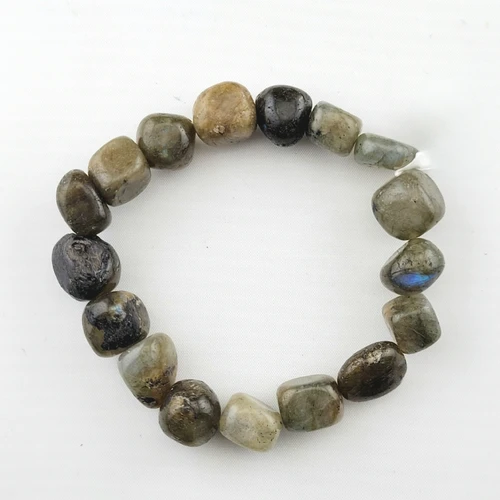 Top-down view of a circular tumbled Labradorite bracelet highlighting the unique shapes of each stone.