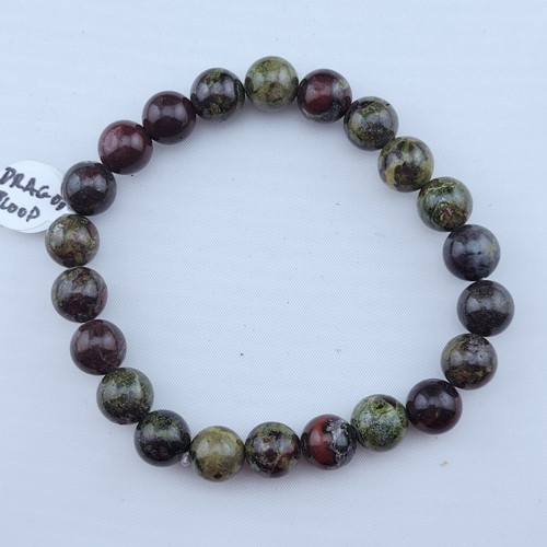A Dragon's Blood Jasper stretch bracelet with 8mm green beads featuring deep red mineral veins on a white background.