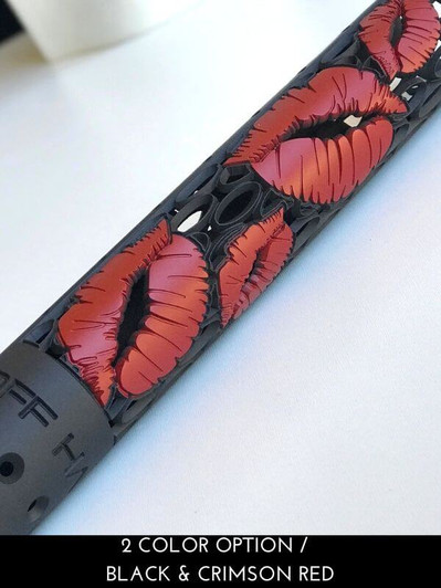 Kiss My Brass Lips design hand guard close up 2 color option with banner