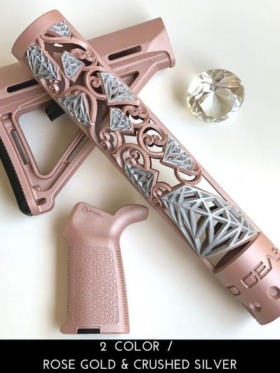 Rose Gold and Crushed Silver Diamond 2 color hand guard with Magpul MOE set in Rose Gold