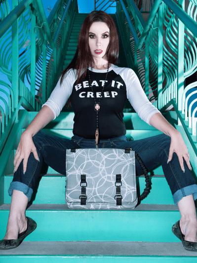 NORB Greystone Swirl Fabric street style image on stairs with beat it creep t-shirt