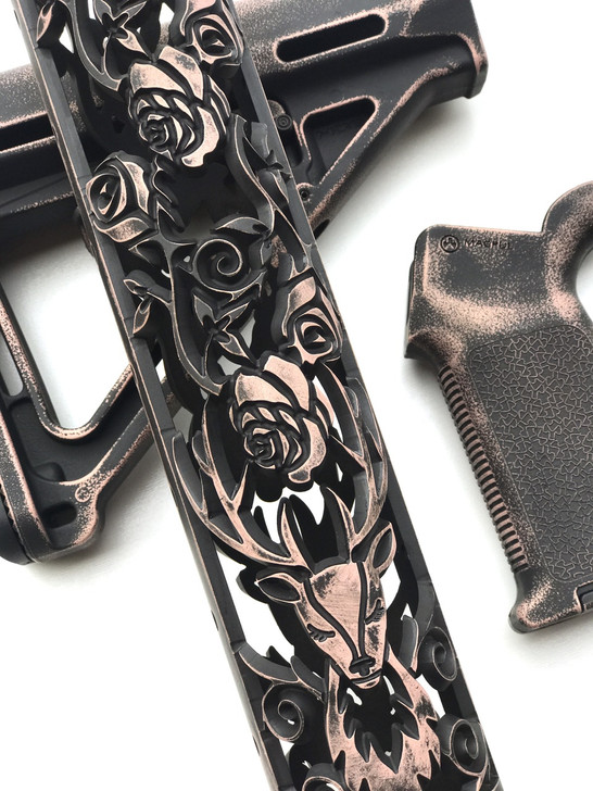 Floral Stag  pattern hand guard in Battleworn Rose Gold Cerakote koted arms