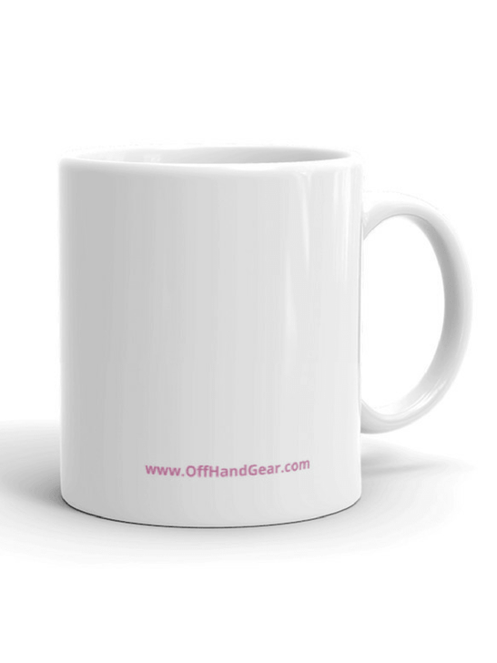 Camo Kitty Mug 11oz back with offhandgear.com text in pink