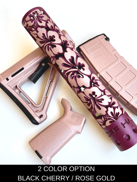 Hibiscus AR15 hand guard in black cherry and rose gold