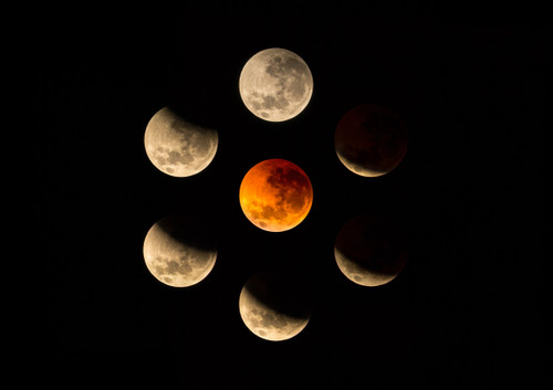 The blood moon with a montage of six other moons as it slowly went into eclipse