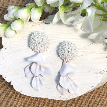 White Beaded Post + White Rose Petal Drop Earring