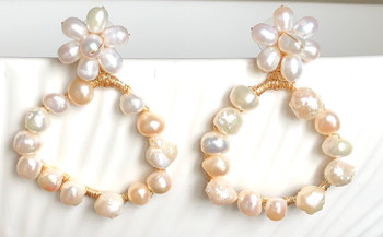 Pearl flower + Hand Wrapped Peal Hoop