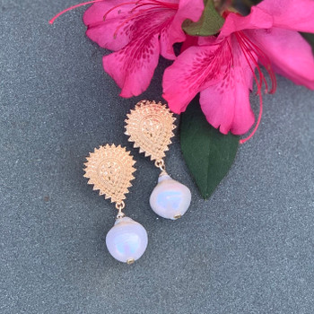 Ornate Gold Post + Pearl Drop