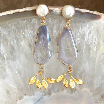 Pearl Post + Agate + Gold Leaves