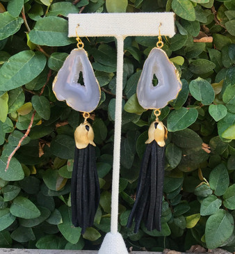Black Leather Tassel With Agate Earring