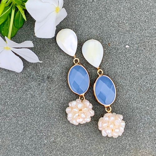 Pearl Post + Blue Stone + Pearl Flower Ball