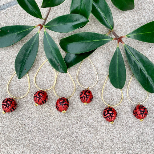 Gold Hoop + Red Ball Earrings 