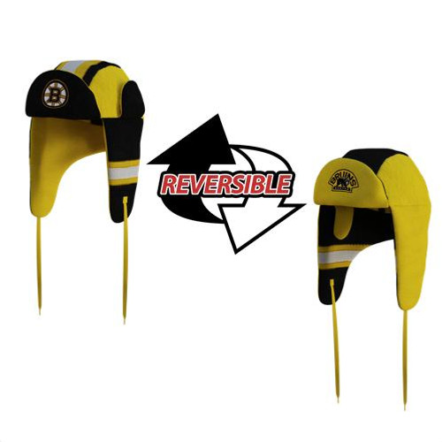 Hockey Sockey Boston Bruins NHL Reversible Trapper, yellow and black winter hat with ear flaps and reversible design. Hockey Sockey Boston Bruins NHL Reversible Trapper, yellow and black winter hat with ear flaps and reversible design.
