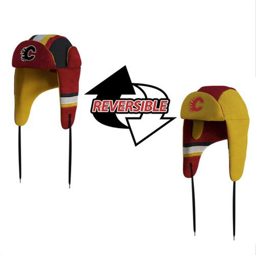Hockey Sockey Calgary Flames NHL Reversible Trapper, reversible hockey-themed winter hat with ear flaps in red, yellow, and black featuring the Calgary Flames logo and team colors. Hockey Sockey Calgary Flames NHL Reversible Trapper, reversible hockey-themed winter hat with ear flaps in red, yellow, and black featuring the Calgary Flames logo and team colors.