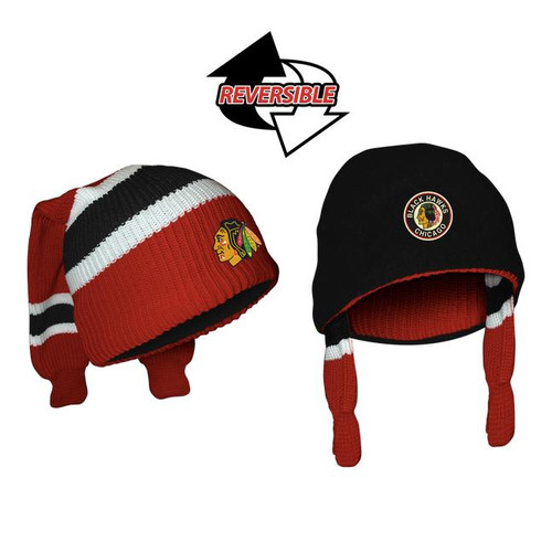 Hockey Sockey Chicago Blackhawks NHL Reversible Sockey, reversible hockey beanie hats with Chicago Blackhawks logos in black and red colors with ear flaps.