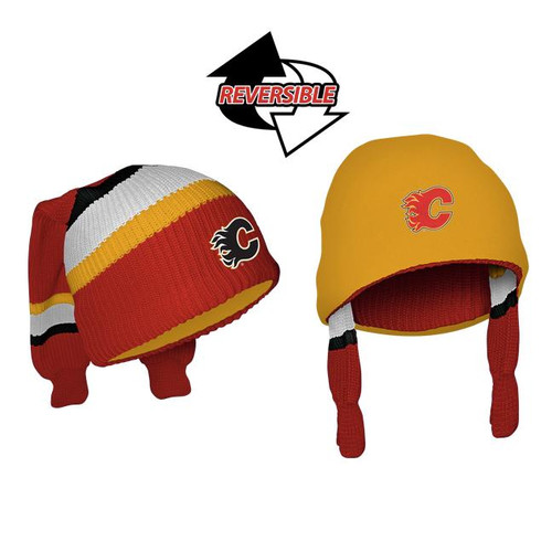 Hockey Sockey Calgary Flames NHL Reversible Sockey, two winter hats featuring the Calgary Flames logo and team colors with reversible design and earflap style. Hockey Sockey Calgary Flames NHL Reversible Sockey, two winter hats featuring the Calgary Flames logo and team colors with reversible design and earflap style.