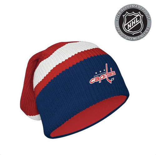 Hockey Sockey Washington Capitals NHL Floppy Hat, knit beanie with red, white, and blue stripes featuring team logo and NHL endorsement badge Hockey Sockey Washington Capitals NHL Floppy Hat, knit beanie with red, white, and blue stripes featuring team logo and NHL endorsement badge
